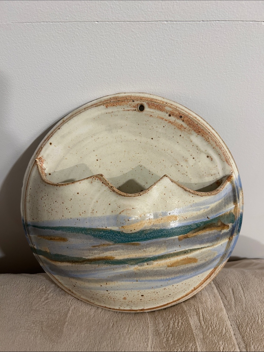 Artisan Ceramic Wall Pocket in Cream with Blue and Green Accents